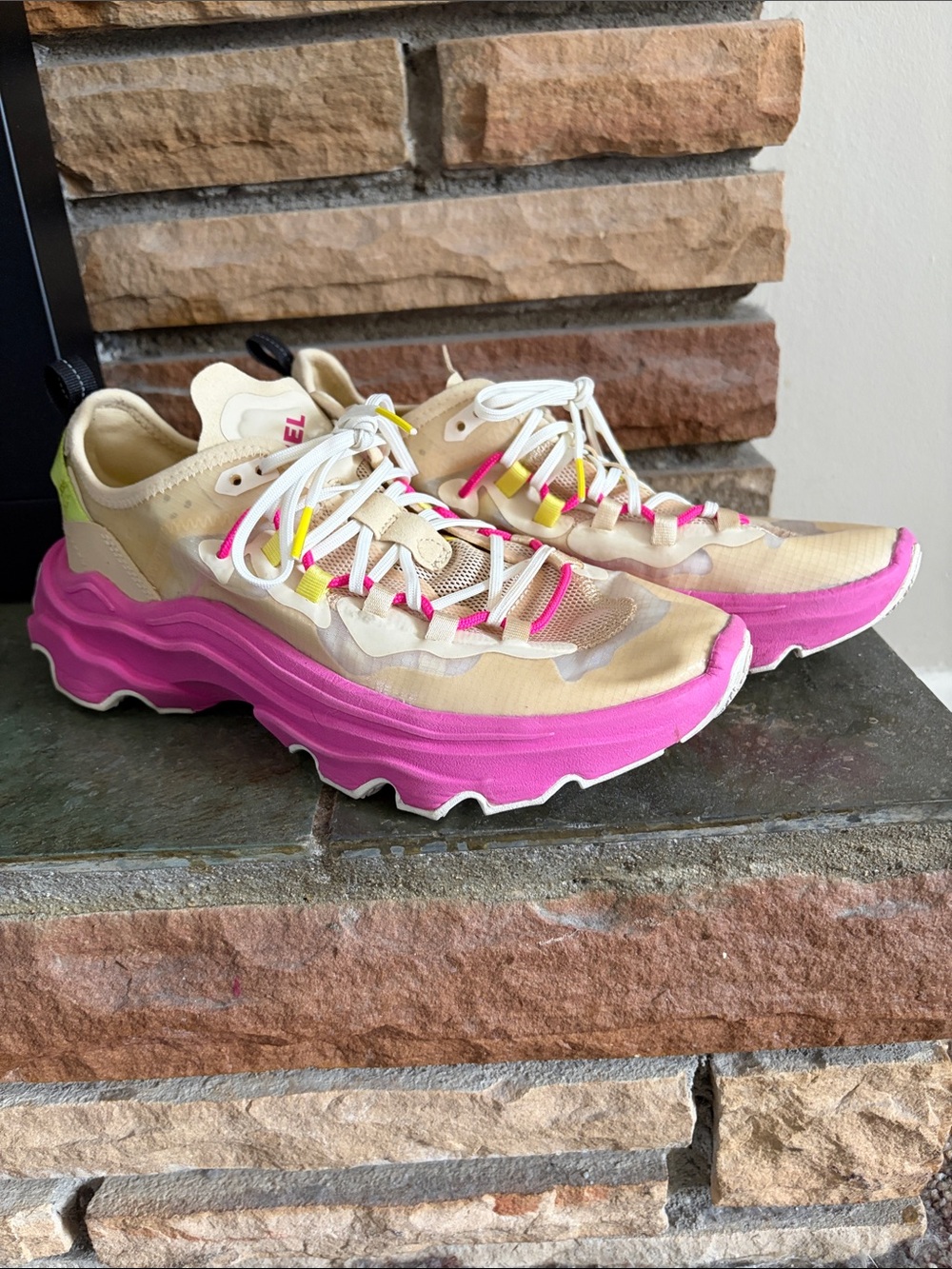 Sorel Women's Beige and Hot Pink Chunky Platform Sneakers